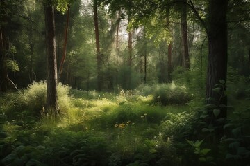 Green Summer Panorama: Forest Landscape with Trees, Nature Background and Sunshine