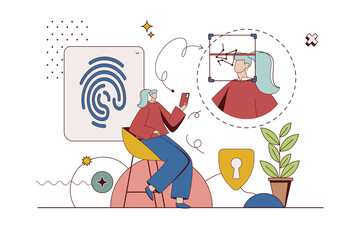 Fototapete - Biometric control concept with character situation in flat design. Woman accessing her account with id fingerprint scanning and user face recognition. Illustration with people scene for web