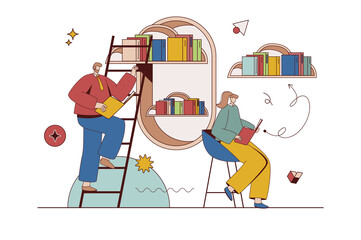 Fototapete - Cloud library concept with character situation in flat design. Man and woman reading online books and store files using archives with cloud technology. Illustration with people scene for web