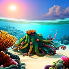 Wall Mural - cartoons of Beautiful octopus, coral and colorful reefs and algae on sand. 3d illustration of sea landscape