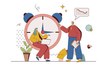 Poster - Time management concept with character situation in flat design. Man and woman manage work projects and organize workflow, do tasks before deadline. Illustration with people scene for web
