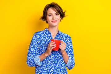 Sticker - Photo of lovely pretty lady wear blue clothes enjoy fresh cappuccino isolated on yellow color background