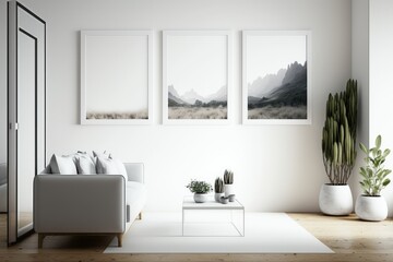 Interior of modern living room with white walls, wooden floor, white sofa standing near round coffee table and two vertical posters