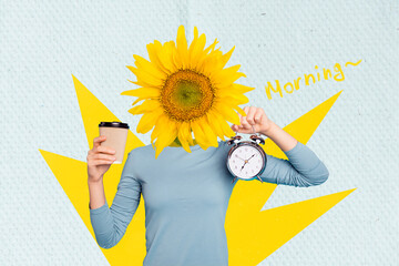 Poster - Creative retro 3d magazine collage image of lady sunflower instead head holding clock drink coffee isolated painting background