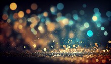 Abstract Background With Mixture Of Gold And Blue Colors And Defocused Effect. Glittery Texture, Touch Of Magic And Elegance To The Design. Dark Background Contrast With The Bright Colors