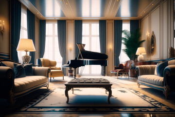 Wall Mural - A hotel room with a grand piano as the centerpiece, surrounded by plush velvet sofas - Generative AI