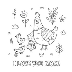 I love you mom ever black and white print with a cute mother chicken and her baby chick. Funny animals family coloring page for Mother’s Day. Vector illustration