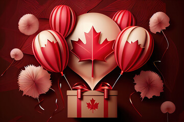 Wall Mural - happy canada day decoration background with balloon firework maple leaves gift box. generative ai