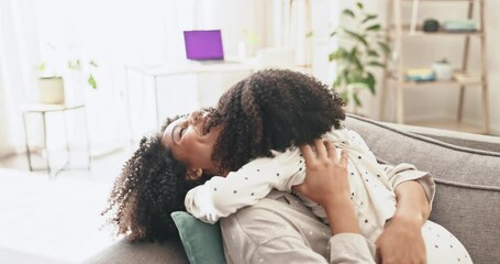 Poster - Hug, mother and girl on couch, playing and happiness on break, vacation and enjoy quality time together. Family, mama and daughter on sofa, embrace or bonding on weekend, jumping or playful in lounge