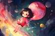 © ShniDesign - The character of a girl is flying in space. AI generated illustration in hand-drawn style.