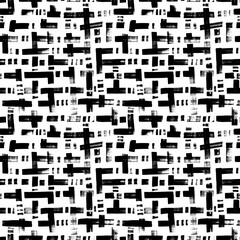 Grunge weave seamless pattern with horizontal and vertical bold lines and dashes. Black and white vector wicker texture. Distressed texture of weaving fabric with bold brush strokes.