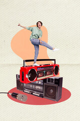 Poster - Collage artwork graphics picture of smiling happy lady listening boom box having fun isolated painting background