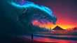 man on the beach watching giant cyan ocean wave about to crush him with purple sunset background, neural network generated art. Digitally generated image. Not based on any actual person or scene.