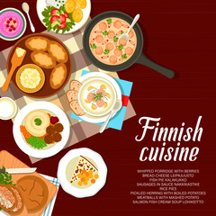 Sticker - Finnish cuisine restaurant menu cover. Porridge with berries, rice pies and soup Lohikeitto, meatballs, cheese Leipajuusto and fish pie Kalakukko, herring with potatoes, sausages in sauce Nakkikastike