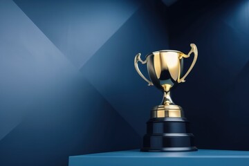 Wall Mural - Golden trophy illustration on dark blue background, competition and business concept. Generative AI