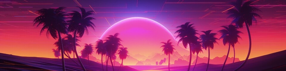 Wall Mural - Landscape with sunset and canyons, retro 80s style, vaporwave. Generative AI