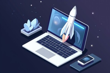 Wall Mural - laptop and rocket illustration, ideas and creativity concept, background. generative ai