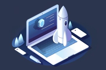 Wall Mural - laptop and rocket illustration, ideas and creativity concept, background. generative ai
