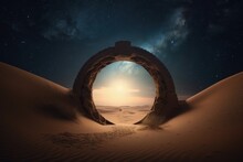 Illustration Of Mystical Stone Portal In The Desert, Fantasy And Fiction Concept. Generative AI