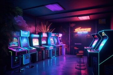 Wall Mural - Game room illustration with arcade, retro, vaporwave. Generative AI