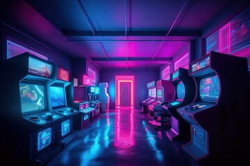 Wall Mural - Game room illustration with arcade, retro, vaporwave. Generative AI