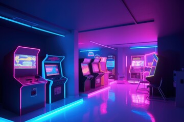 Game room illustration with arcade, retro, vaporwave. Generative AI