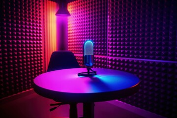 Podcast room illustration with chairs and table, neon lights, retro style. Generative AI