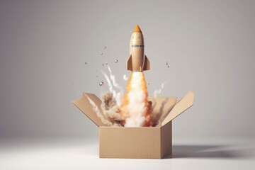 Illustration of rocket taking off from cardboard box, business and startup concept, background. Generative AI