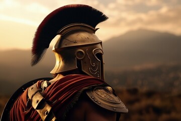 Canvas Print - Spartan warrior illustration, battlefield in background, concept of fiction and history. Generative AI