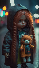 Lovely Portrait Of A Young And Beautiful Girl With Red Hair And A Teddy Bear Toy. Created Using Generative AI.