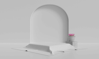 Empty stand presentation on white backdrop.white silk fabric on podium shelf.Abstract and Geometric platform show cosmetic product.3D rendering,illustration