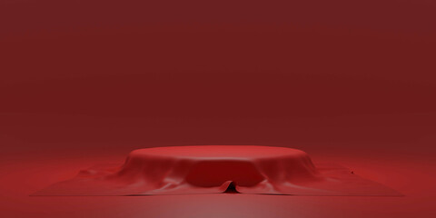 Red silk fabric on podium shelf.Empty red stand presentation on backdrop.Abstract and Geometric platform show cosmetic product.3D rendering