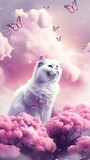 Fototapeta  - Pink cat in the clouds. Butterflies. Generetive AI