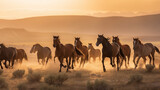 Fototapeta Konie - A hoard of horses running over a dusty ground in front of the hills at sunset, the orange light illuminating the scene - Generative AI