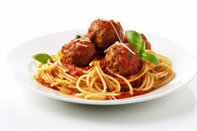 Spaghetti And Meatballs On White Background. Generative Ai