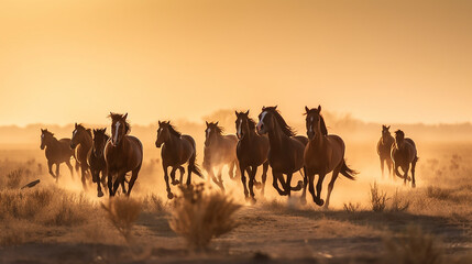 A hoard of horses running over a dusty ground in front of the hills at sunset, the orange light illuminating the scene - Generative AI