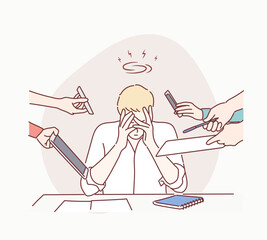 Wall Mural - business man surrounded by hands with office things. multitasking and time management concept. hand 