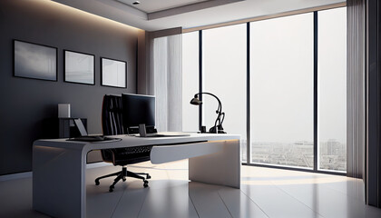 Modern office with white walls and black glass, ai generated