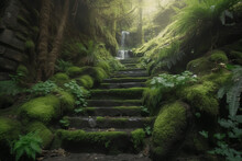 Stone Steps In Forest Path Covered With Shamrock, Ray Of Sunlight Picking Through