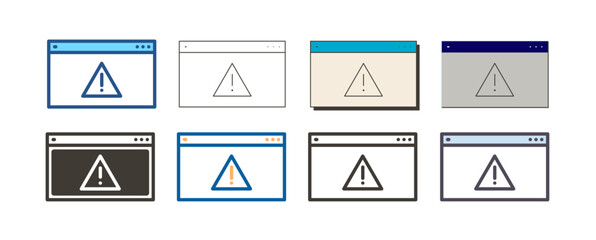 Wall Mural - Web page layout with exclamation mark on a triangle. Vector icon illustration in 8 different styles of a window showing alert, failure or warning symbol