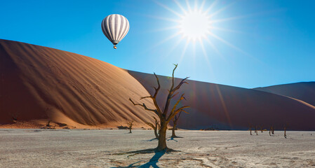 Wall Mural - Hot air balloon flying over Dead trees in Dead Vlei - Sossusvlei, Namib desert, Namibia