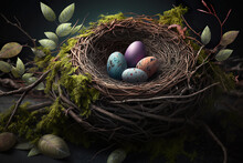 Fluffy Eggs In A Bird's Nest. Bird Nest With Eggs Of Different Colors. Nest Made Of Straw. Realistic 3D Illustration. Generative AI.