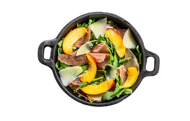 Wall Mural - Salad with prosciutto crudo, arugula, peach and Parmesan.  Isolated, transparent background.