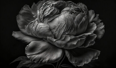 Sticker -  a black and white photo of a large flower on a black background with water droplets on the petals and leaves of the flower in the middle of the petals.  generative ai