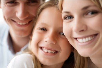 Wall Mural - Happy family portrait. Father mother and daughter  smiling. Generative AI