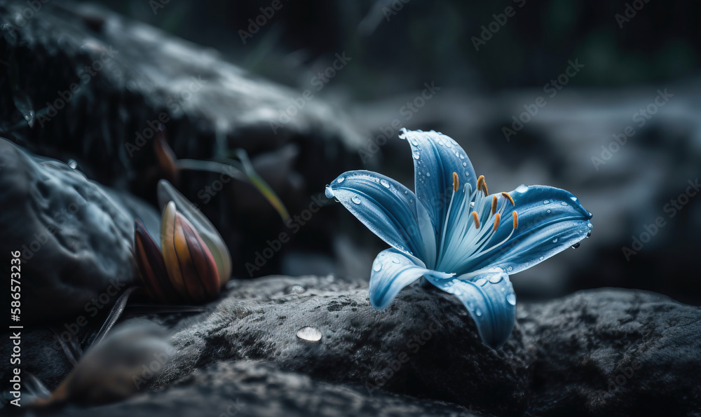 a blue flower sitting on top of a rock covered in raindrops and water ...