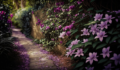  a pathway with purple flowers on the side of a wall next to a stone path with purple flowers on the side of the wall and a stone path between the two sides of the wall.  generative ai