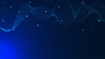 Abstract hexagonal with glowing particles and wave flow on blue background. Molecular, technology, chemistry and data connection backdrop concept.