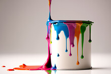 Paint Can Splash On White Background. Paint Can Splashing RGB Colors Printing Concept Image. 3D Colorful Paint Splashing Out Of Can. 3D Realistic Illustration. Creative AI