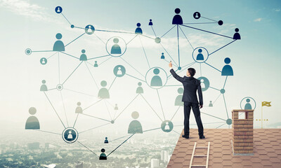 businessman on house roof presenting networking and connection c